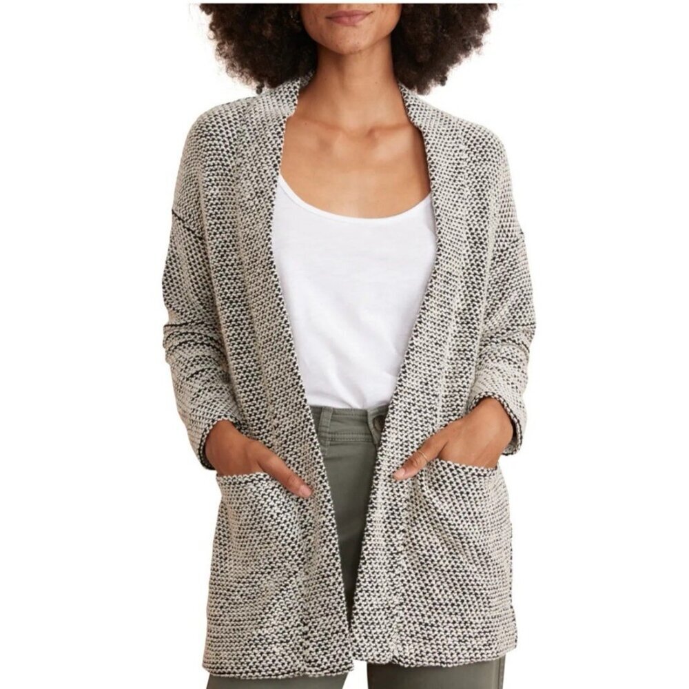 Marine Layer Birdseye Cardigan Sweater Open Front Pockets Women Small Black Knit